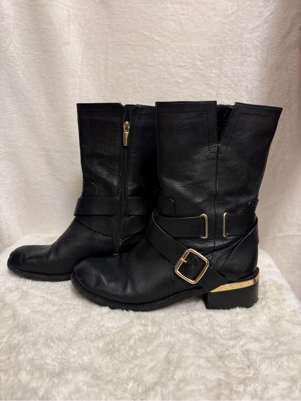 Vince Camuto Black Leather Mid-Calf Buckle Heeled Boots - Picture 4 of 8